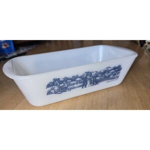 Glasbake Currier And Ives Milk Glass Loaf Pan J-522 Harvest Scene